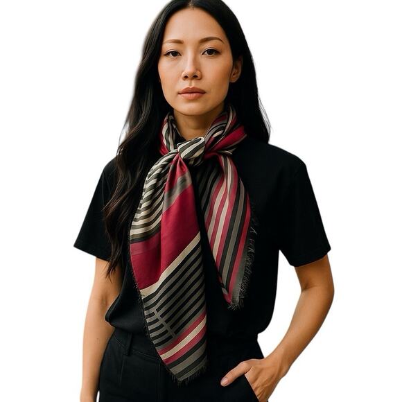 Vintage Echo Silk Scarf Retro Black Red Stripes Fringe Luxury 60s Japan 33x33 - Picture 1 of 9